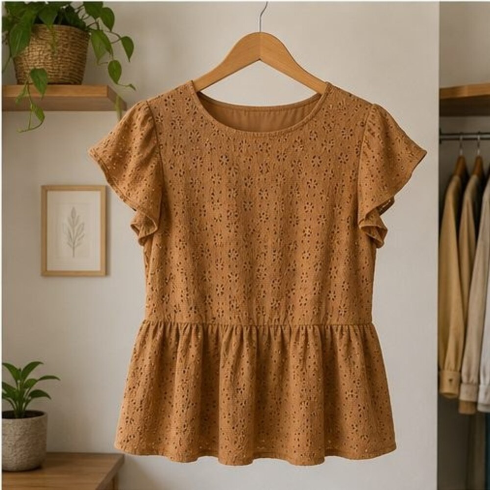 Camel Eyelet Peplum Blouse